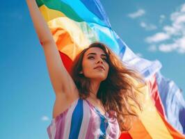 Beautiful lesbian model and a rainbow flag at gay pride, LGBTQ colors flag. Love, freedom, support ,banner fort pride month, created with generative ai photo