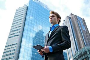 Young businesman with laptop , tall building background ,Generative AI. photo