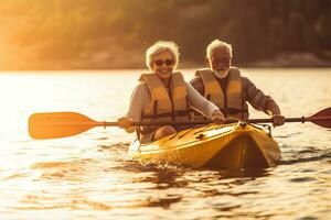 Happy senior couple retired active kayaking on lake , background view , morning sun,Generative AI photo