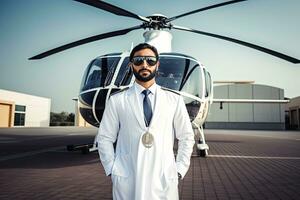 Successful Muslim handsome businessman in traditional white kandoor with private helicopter in the background. Successful Saudi, Emirati, Arab businessman. Generative AI . photo