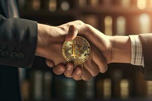 Bitcoin is a gold coin and a close up shake hands successful background. Generative AI . photo