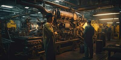 industrial trabajadores son trabajando en el fábrica. máquina ingenieros o mecánico técnicos , generativo ai . foto