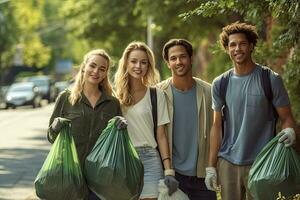 Group friends dropping the bottle Separating waste plastic bottles into recycling bins is to protect the environment   ,Generative AI photo