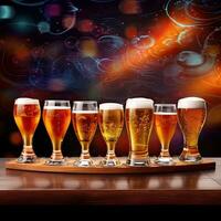 Flight of beer for tasting on a bar counter with a blurred background. photo