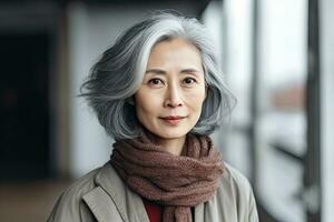 East Asian woman in 70s, short gray hair, home background , Generative AI photo