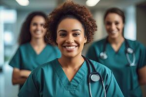 Smiling woman medical  standing together outside a hospital ,Generative AI. photo