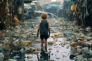 Child looking at a lot of plastic waste in the water,Generative AI . photo