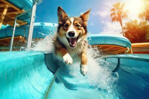 The happy dog riding on the slide in the aqua park,generative AI. photo