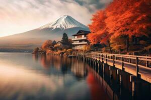 Mountain Fuji with morning fog and red leaves at lake Kawaguchiko is one of the best places in Japan ,Generative AI photo