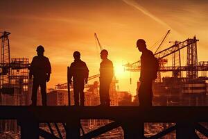 silueta de ingeniero y trabajador construcción equipo trabajando a sitio terminado puesta de sol. generativo ai . foto