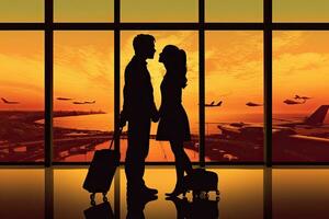 Silhouette of couple , international air travel ,Generative AI photo