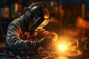 A worker while doing a welding with arc welder power plant  at factory ,Generative AI . photo