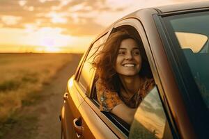 contento hermosa caucásico mujer viaje en el la carretera con ventana un coche , generativo ai foto
