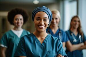 Smiling female doctor standing with medical colleagues in a hospital ,Generative AI. photo