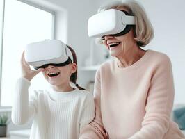 contento familia de nieto y abuelos en vr lentes jugando vídeo juegos disfrutar virtual mundo en vivo habitación. generativo ai . foto