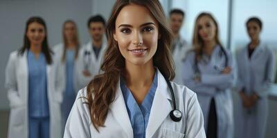 Attractive female doctor  medical group ,Generative AI. photo