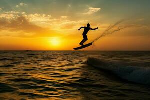 Silhouette of a man on a wakeboard taking off over. Generative AI. photo