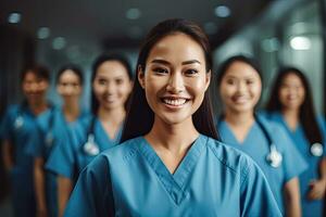 médico Asia trabajadores equipo son reunión en el oficina. generativo ai. foto