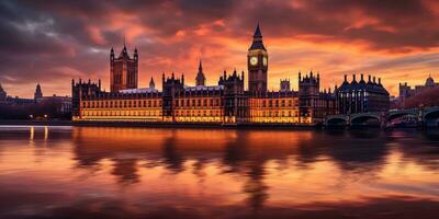 grande ben y el casas de parlamento a puesta de sol en Londres, Reino Unido ,generativo ai foto