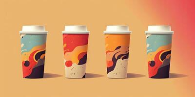 Set of disposable coffee cups with abstract drawing. Coffee to go or take away coffee concept.  ,Generative AI photo