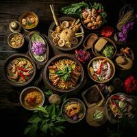 Assorted various Thailand food on a dark rustic background,Generative AI photo