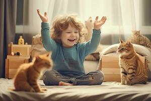 chico jugando fcon gatos a hogar. ,generativo ai. foto