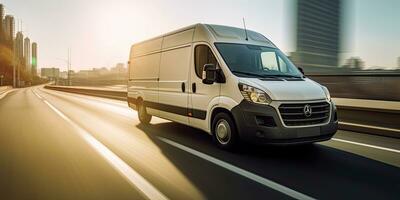 carga camioneta Moviente rápido en el la carretera a ciudad suburbio. negocios logística Rápido servicio. generativo ai . foto