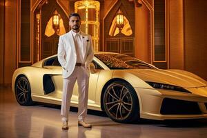 Successful Muslim handsome businessman in traditional white kandoor with super car  in the background. Successful Saudi, Emirati, Arab businessman ,Generative AI . photo