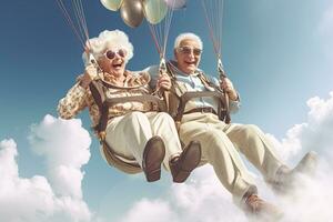 Happy senior couple retired , jumping in a parachute ,Generative AI photo