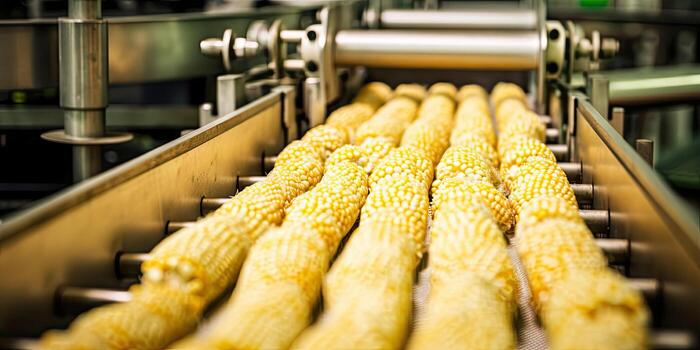 Corn processing line perspective , Generative AI . photo