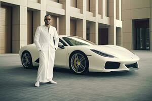 Successful Muslim handsome businessman in traditional white kandoor with super car  in the background. Successful Saudi, Emirati, Arab businessman ,Generative AI . photo