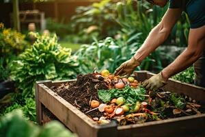 Closes up hand composting food waste in backyard compost bin garden,Generative AI photo