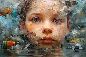 Close up face child looking at a lot of plastic waste in the water ,Generative AI photo