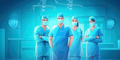 Medical doctor ER team, surgeon and anesthetist on medical hospital room background ,Generative AI. photo