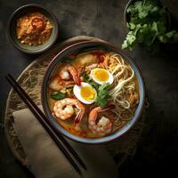 Penang assam laksa  Malaysia food ,top view,rustic style background, copy space,Generative AI. photo