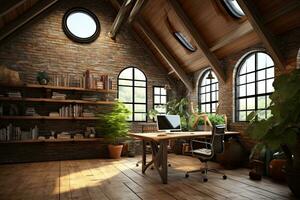 Loft ,Rustic office ,interior with plant. 3D ,Generative AI. photo