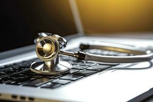 Stethoscope on laptop keyboard , copy space ,Generative AI. photo