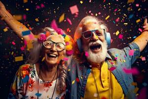 Happy senior couple retired , See your favorite edm concert ,people teen background ,Generative AI photo