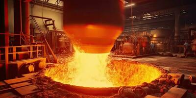 Close up cast iron process, liquid molten metal pouring in ladle, industrial metallurgical foundry factory, heavy industry. Generative AI. photo