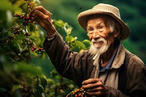 Old man picking coffee from a coffee plantation in Vietnam,Generative AI photo