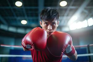 Boxing asian young man in action on the stadium ,Generative AI. photo