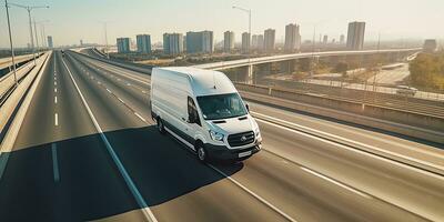 Cargo van moving fast on the road to city suburb. Busines logistics express service. Generative AI . photo