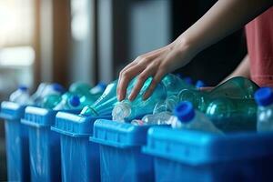 Close up hand separating waste plastic bottles into recycling bins is to protect the environment , copy space for text  ,Generative AI photo