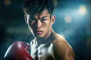 Boxing asian young man in action on the stadium ,Generative AI. photo