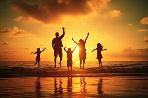 familia saltando en el playa a puesta de sol. ,generativo ai foto