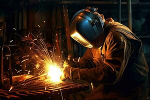 A worker while doing a welding with arc welder power plant  at factory ,Generative AI . photo