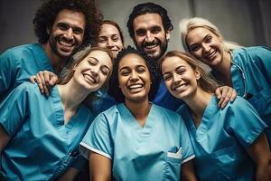 sonriente médico equipo en pie juntos fuera de un hospital ,generativo ai. foto