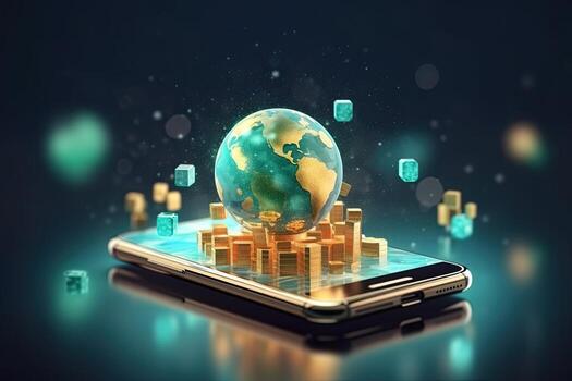 dorado monedas volviendo espalda desde oscuro moderno teléfono inteligente en ligero fondo, 3d renderizado, copia espacio.generativo ai foto