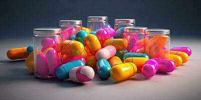 Collection of colorful pills , copy space ,Generative AI. photo