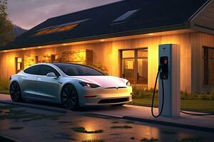 EV electric cars charging at a public charging station, Generative AI . photo